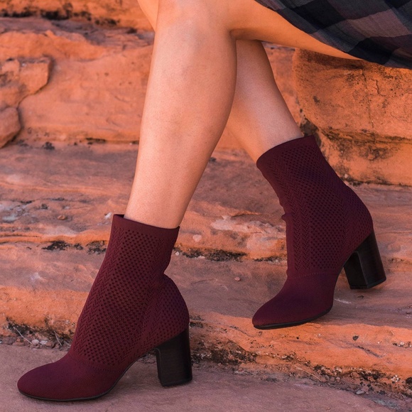Born Shoes - Born Meggs Burgundy Chunky Heel Sock Bootie